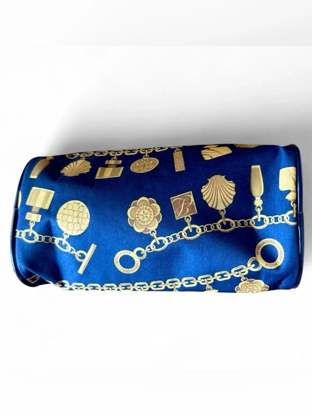 Estee Lauder Blue and Gold Printed Satin Zip Pouch